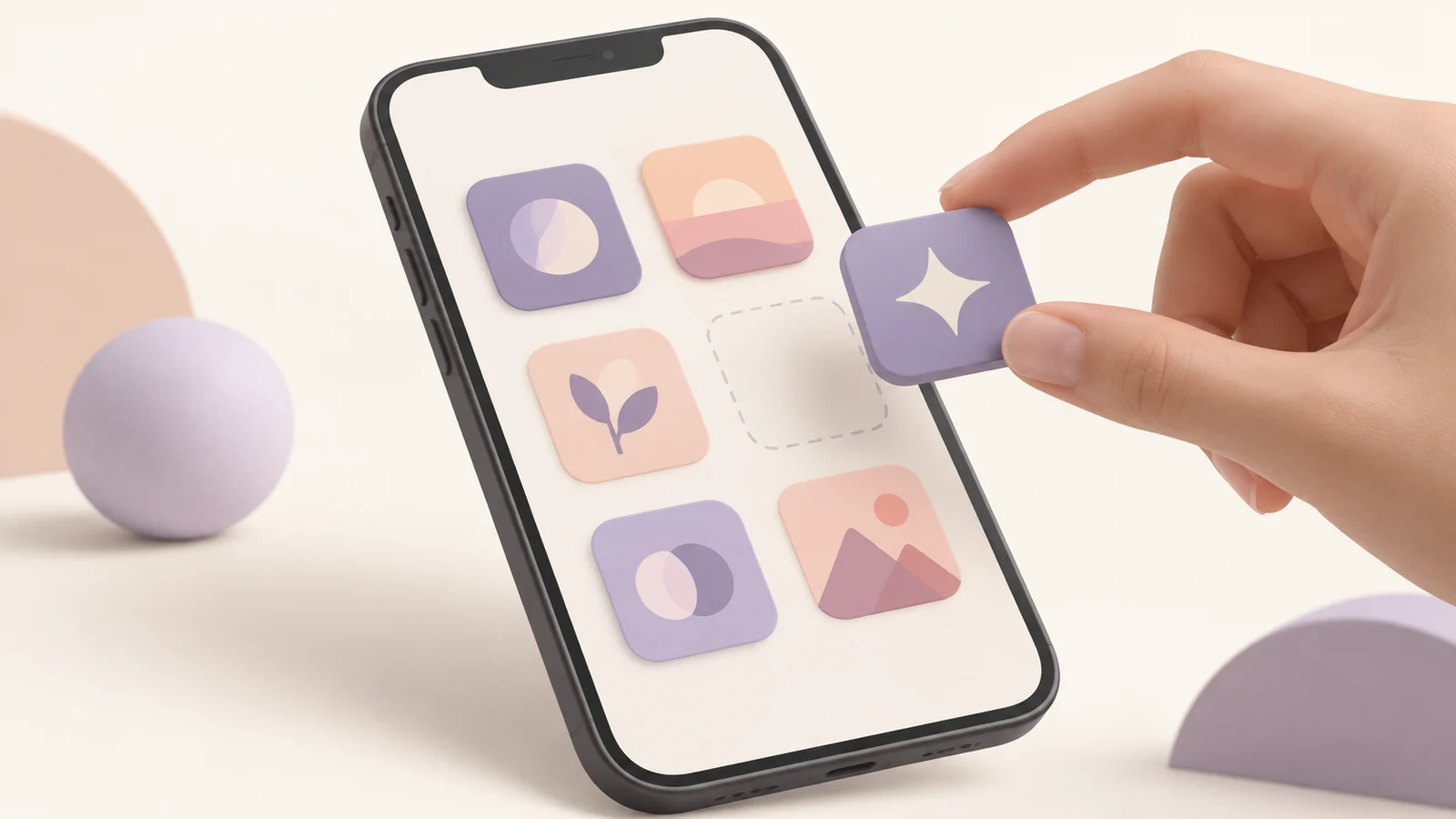 Ilustración conceptual original de un teléfono con iconos geométricos violetas y melocotón